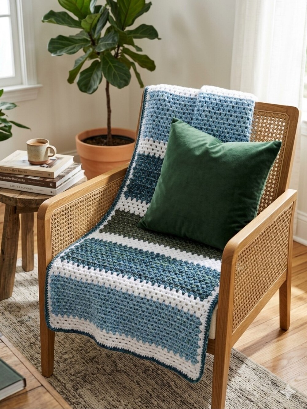 Handmade Cozy Blue & White Striped Crochet Throw Blanket